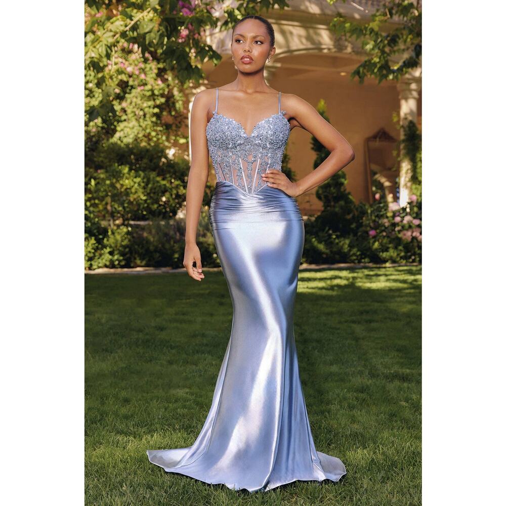 Amoris T819 Corset Mermaid Dress Women XXS Powder Blue Satin Gala Elegant NWT